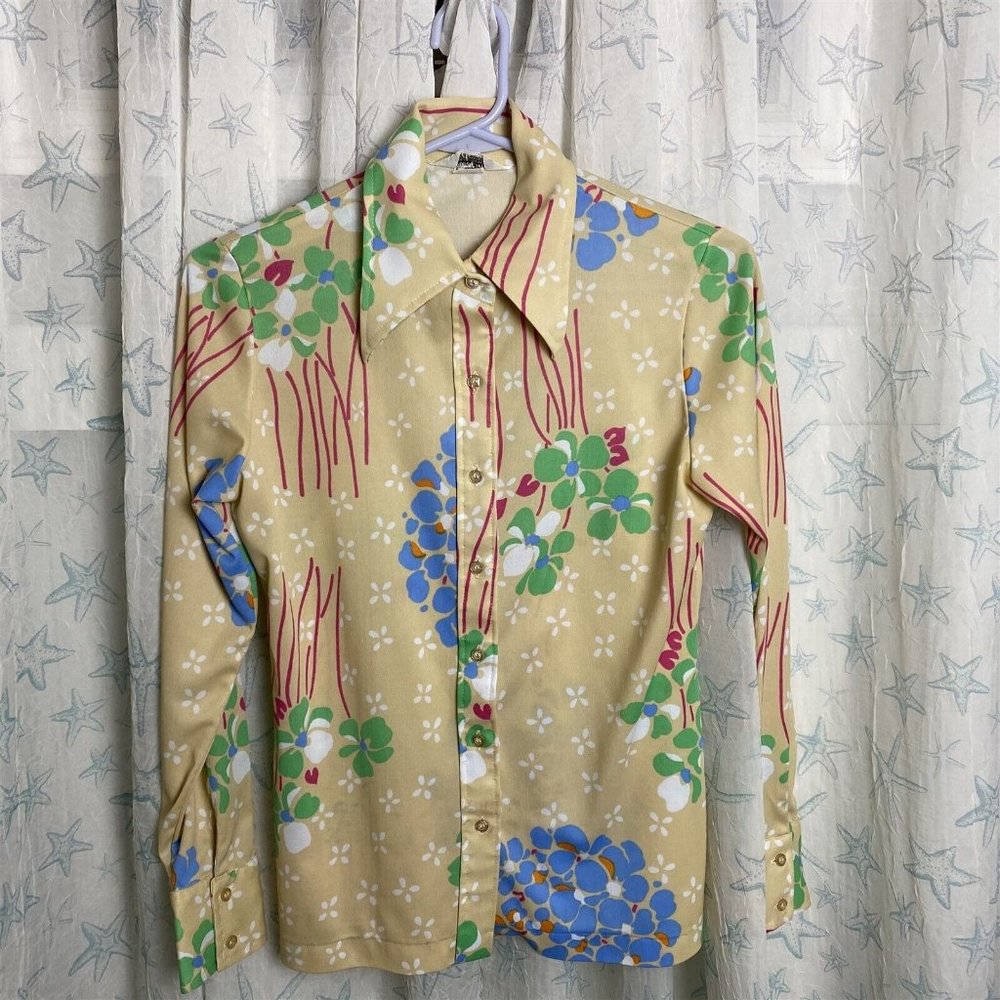 Vintage Lerner Blouse Nylon Art to Wear Graphic Flowers 70's Mod Style